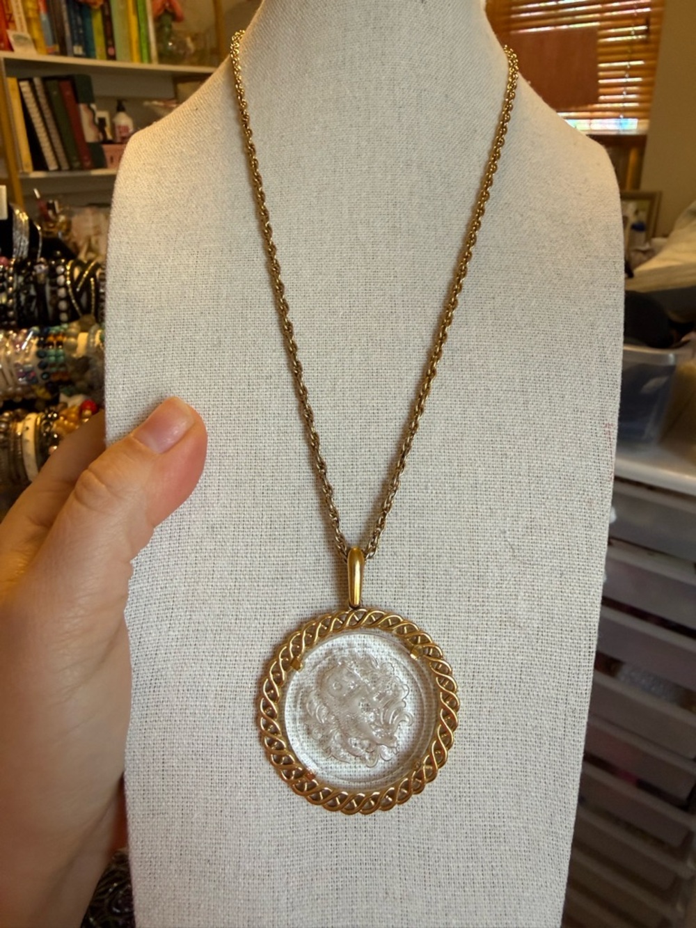 Gold-Tone Medallion Pendant Necklace with Clear Glass Center Zodiac Ram